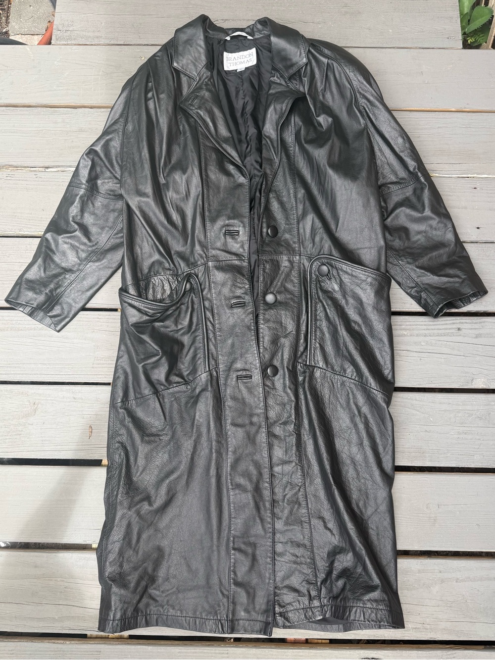Vintage Brandon Thomas Black Leather Trench Coat Size L